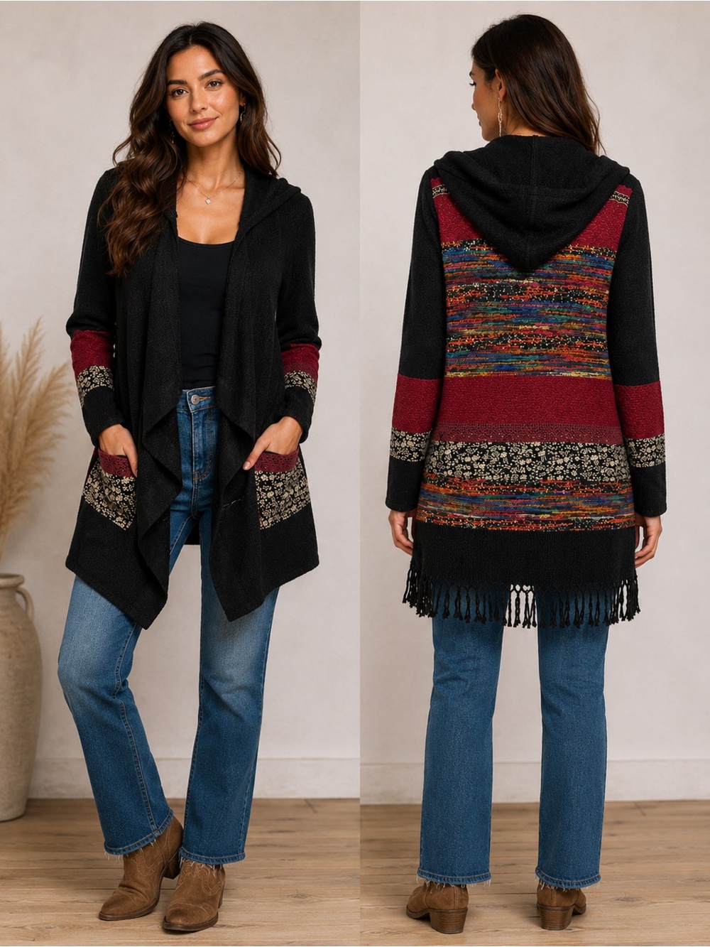 Miss Me Boho multi color Fly-Away Hooded boho Fringe Cardigan Duster Large EUC